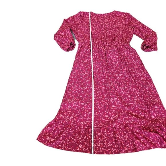 Old Navy Faux Wrap Dress Women L Wine LS Midi Lined Ruffles Dainty Floral Boho - Picture 7 of 16